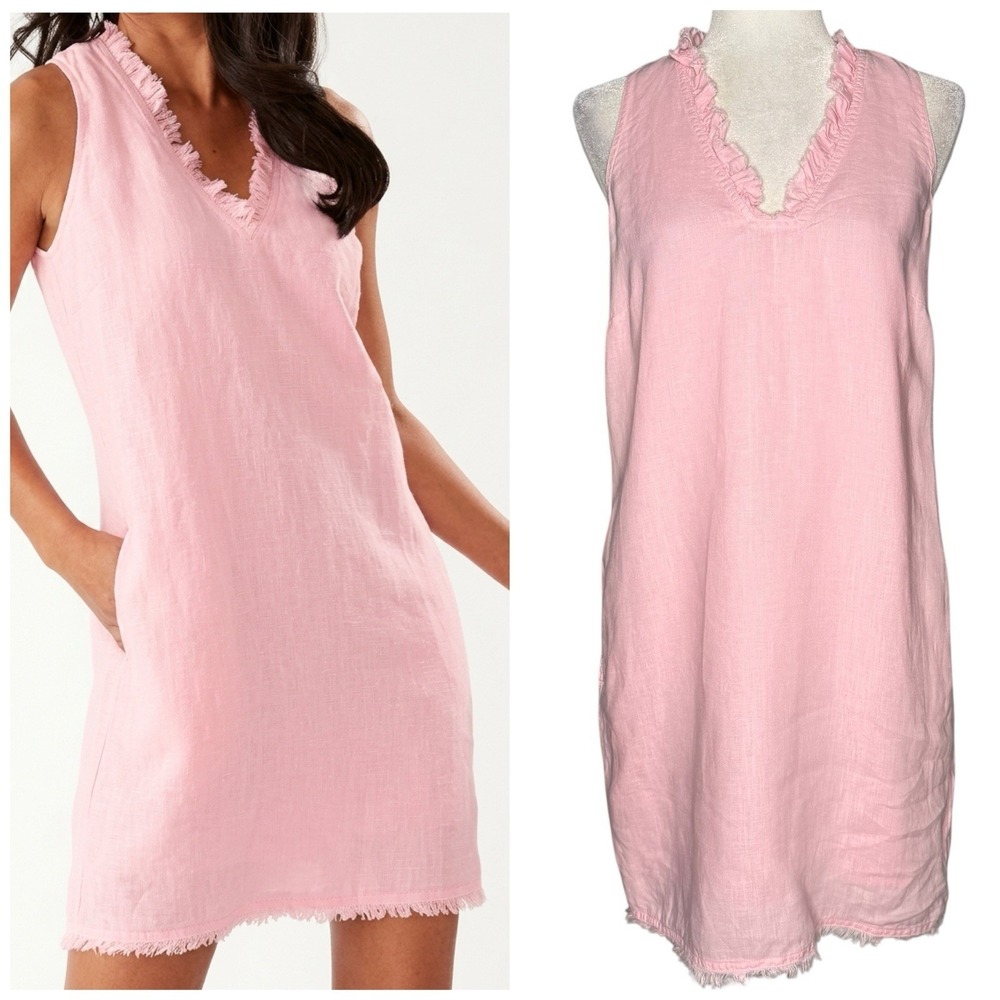 Tommy Bahama Two Palms Double Ruffle Linen Shift Dress Size S Pink Sleeveless